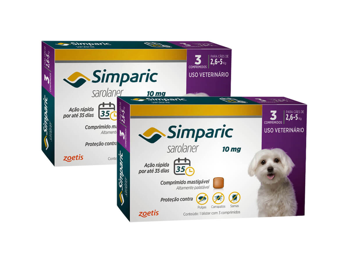 Kit 2 Antipulgas e Carrapatos Zoetis Simparic 10 mg para Cães 2,6 a 5 Kg Com 3 Comprimidos Cada