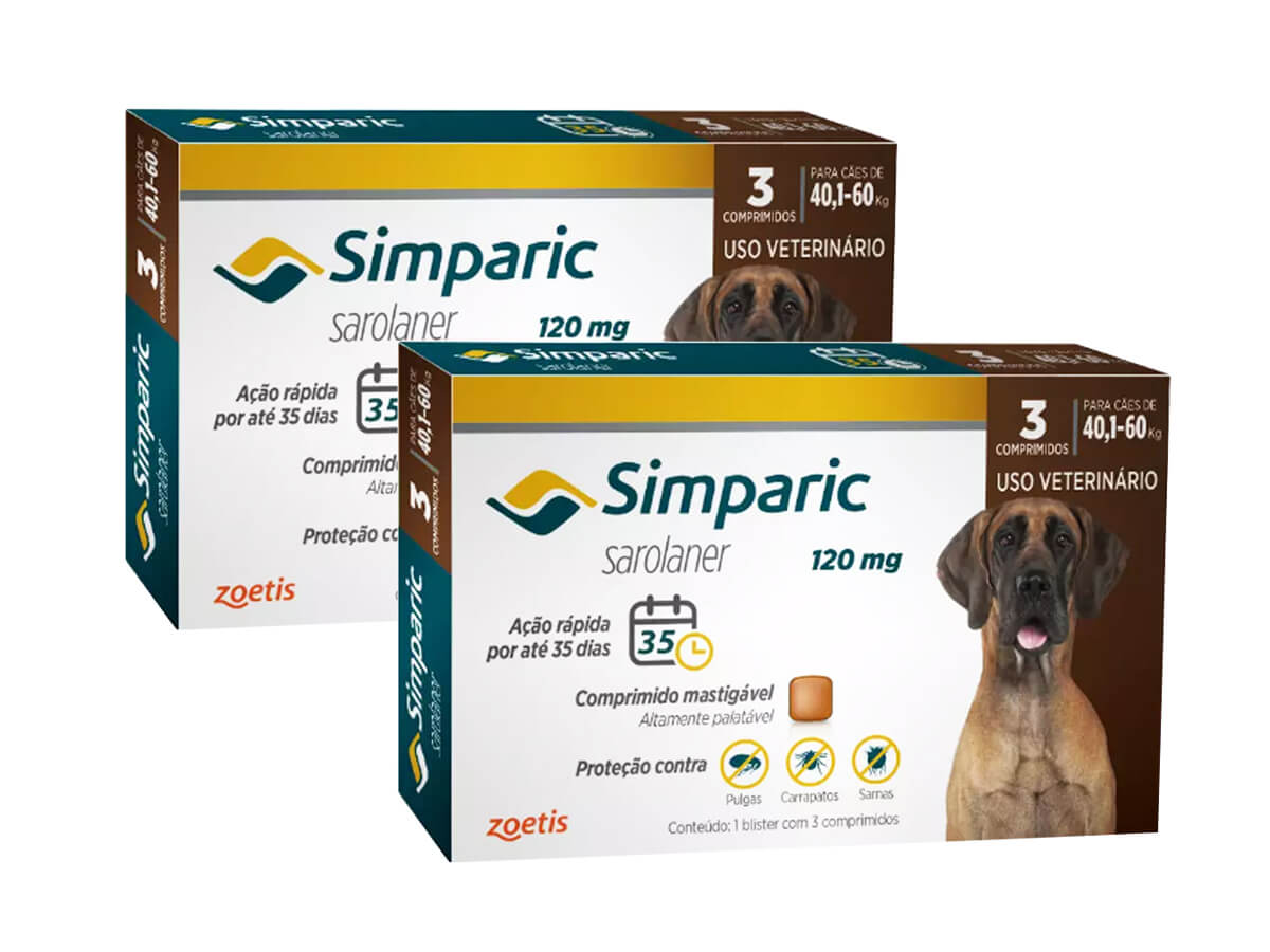 Kit 2 Antipulgas e Carrapatos Zoetis Simparic 120 mg para Cães 40,1 Kg a 60 Kg Com 3 Comprimidos Cada