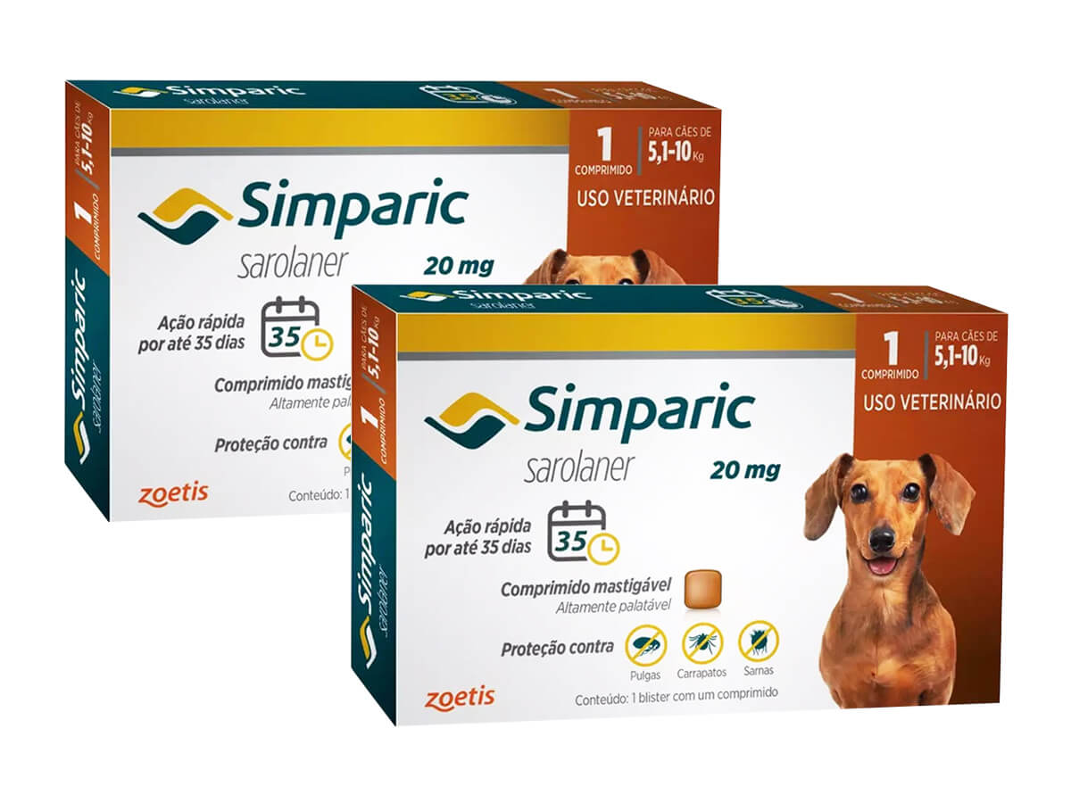 Kit 2 Antipulgas e Carrapatos Zoetis Simparic 20 mg para Cães 5,1 Kg a 10 Kg Com 1 Comprimido Cada