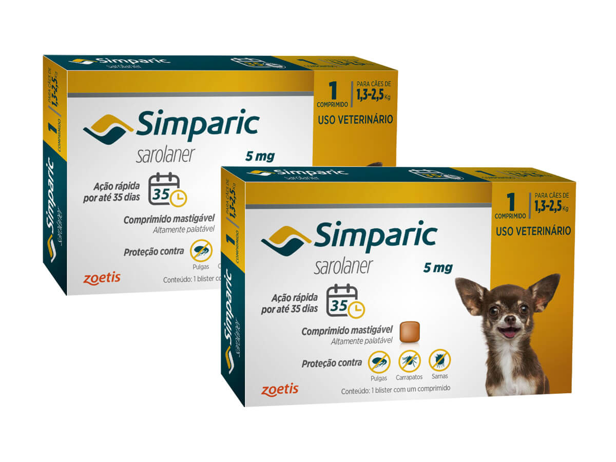 Kit 2 Antipulgas e Carrapatos Zoetis Simparic 5 mg para Cães 1,3 Kg a 2,5 Kg Com 1 Comprimido Cada