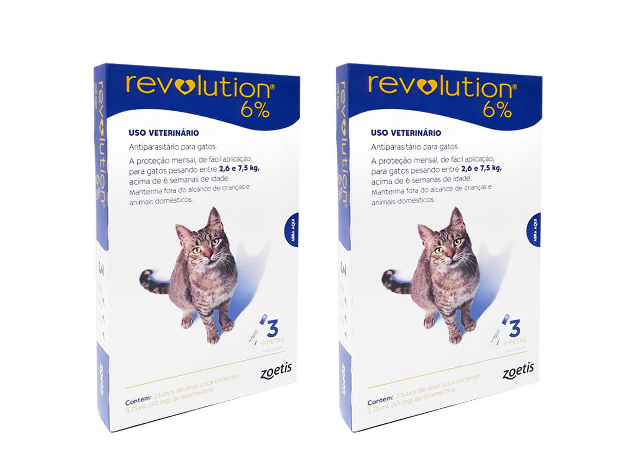 Kit 2 Revolution 6% 0,75 ml Zoetis para Gatos de 2,6 kg até 7,5 kg Com 3 Pipetas Cada Total 6 Pipetas