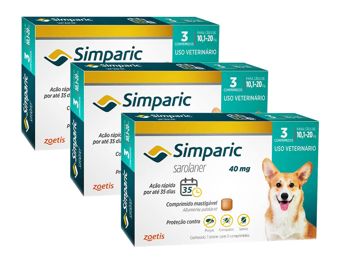 Kit 3 Antipulgas e Carrapatos Zoetis Simparic 40 mg para Cães 10,1 Kg a 20 Kg Com 3 Comprimidos Cada