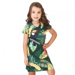 Vestido Infantil Vanilla  Arara e Tucano Floresta Folhas Coloridas Fundo Verde Escuro