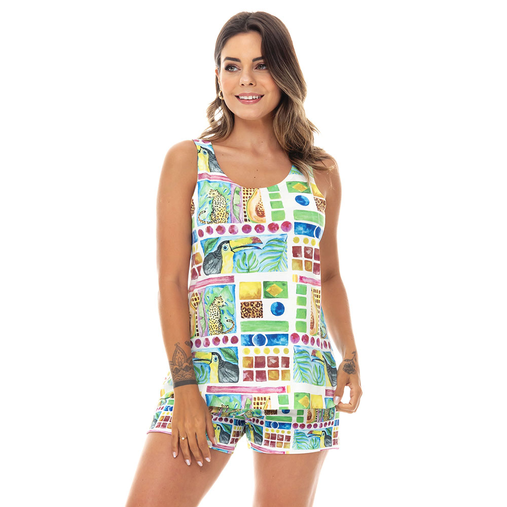 Conjunto Pijama Adulto Feminino Tucano e Onça Quadrado Aquarela #3