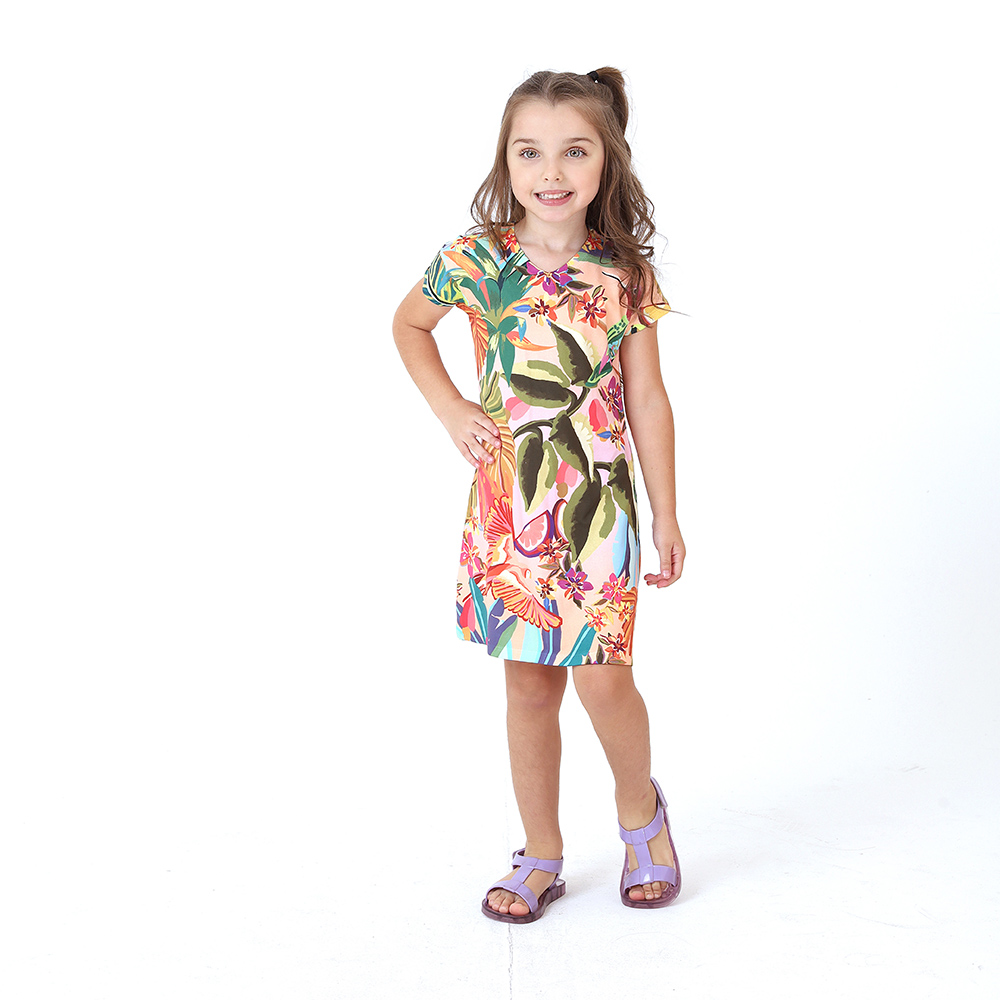 Vestido Infantil Vanilla Beija-Flor Arara Flores e Frutas Vibrantes Fundo Degradê Rosa #2