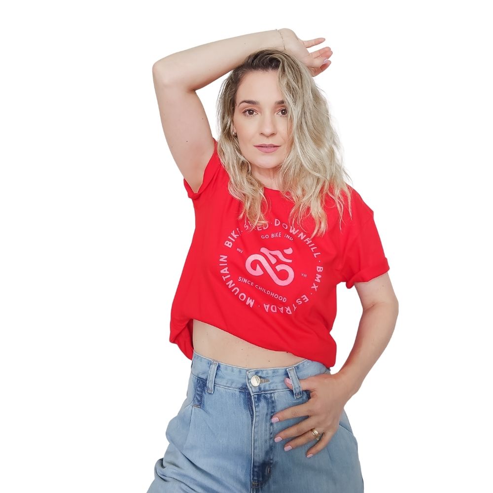 Camiseta Casual Go Bike Ciclismo Estilos Feminina Vermelha/Rosa