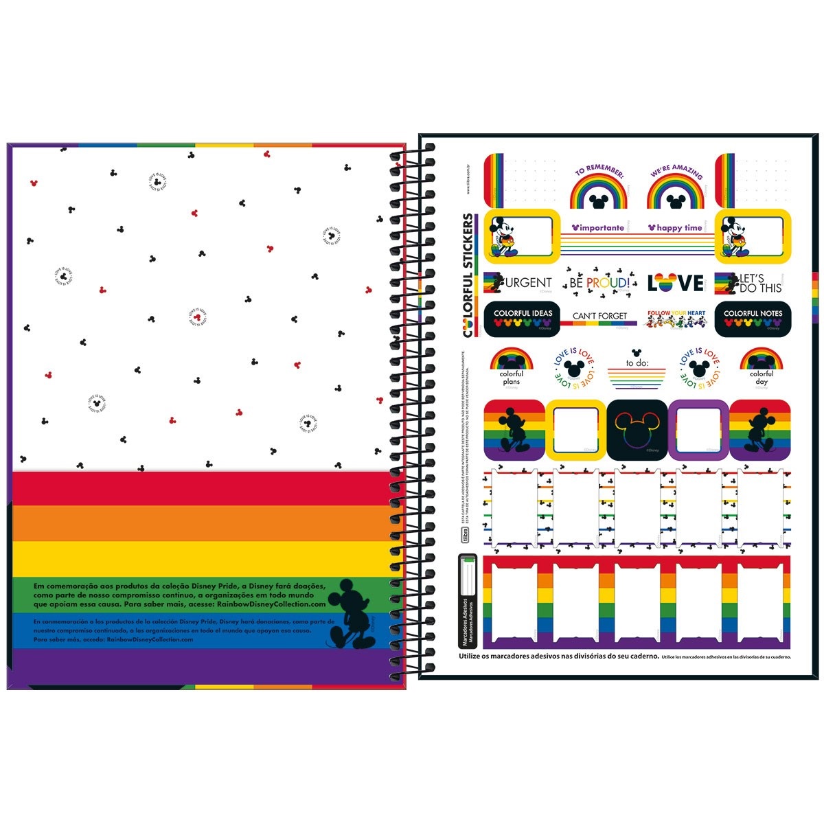 Caderno Universitário TILIBRA Mickey Rainbow - 1 Matéria c/ 80 Folhas