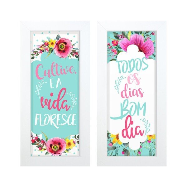 Dupla de Quadros Decorativos Frases Inspiração Colorido Sala Flores Vida Quarto Feminino Mulher Decoração Parede
