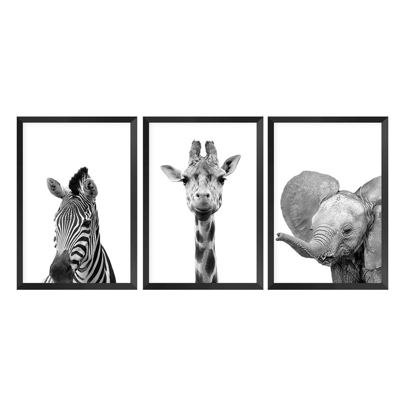 Kit 3 Quadros para Decoração Girafa Elefante Animais Sala