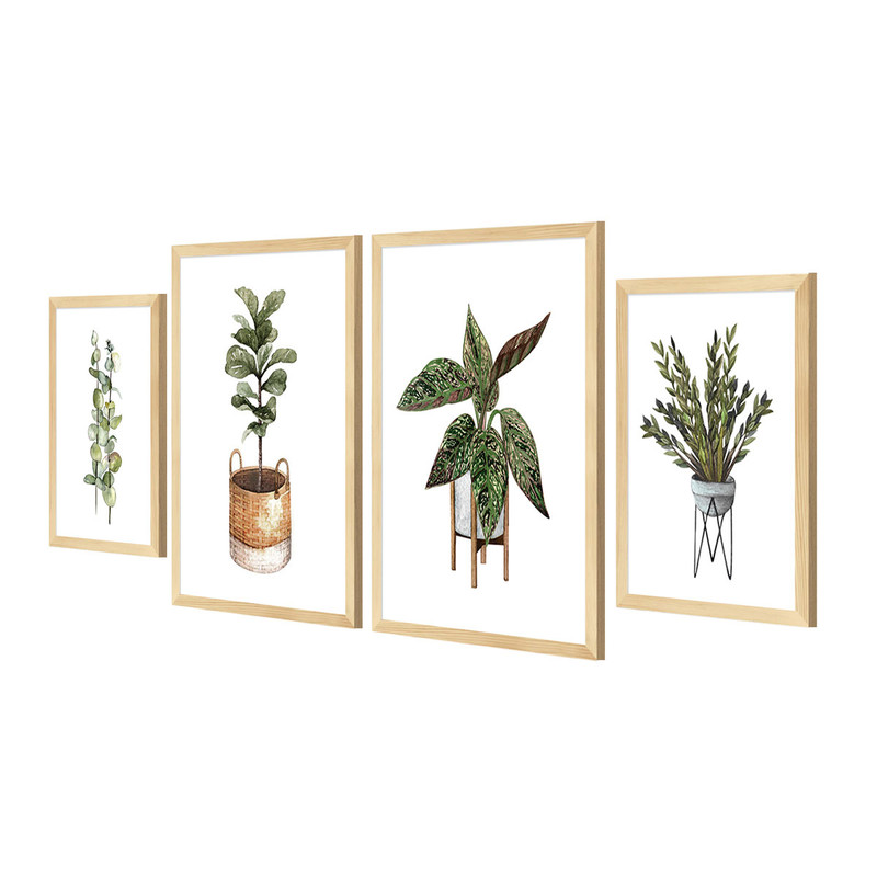 Kit 4 Quadros Decorativos com Moldura Plantas Moderno Sala