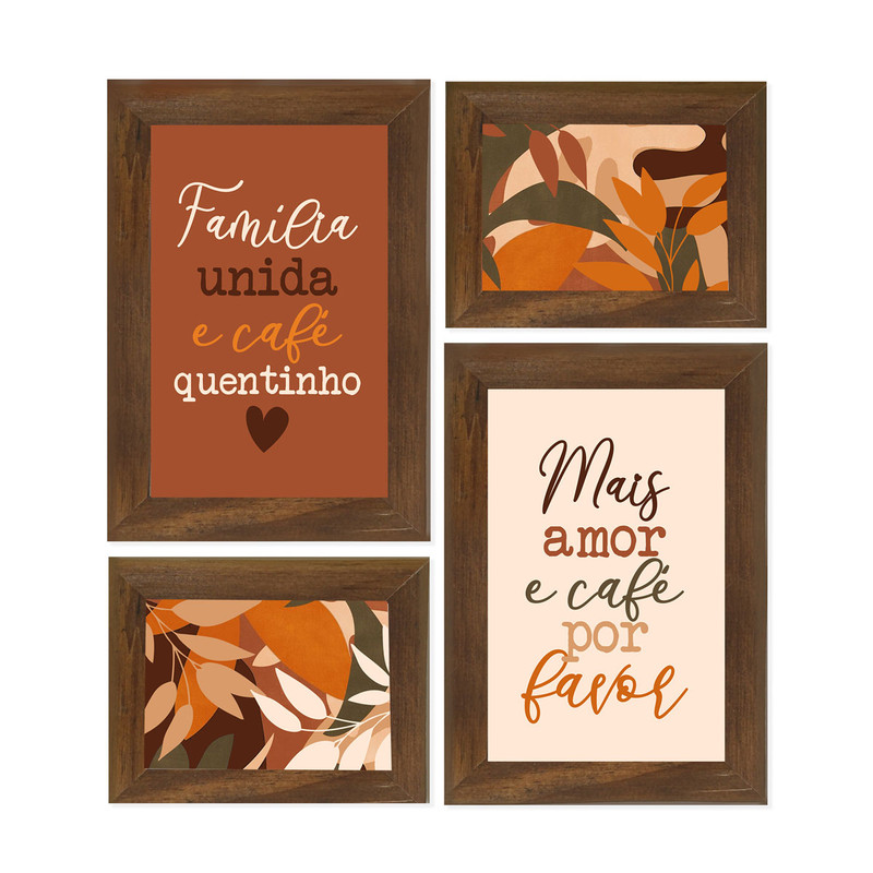 Kit 4 Quadros Decorativos Família Frases Folhas Sala