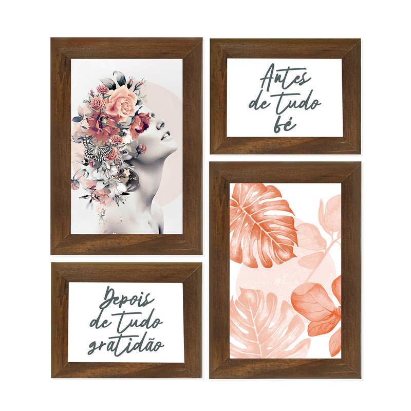 Kit 4 Quadros Decorativos Frases Flores Feminino Quarto