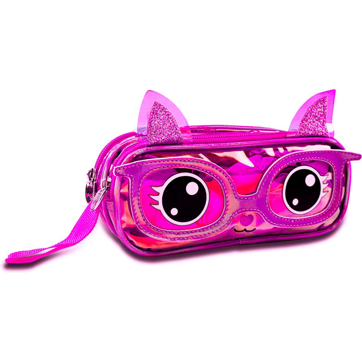 Estojo Holográfico Duplo Gatinho de Óculos Rosa Clio Style