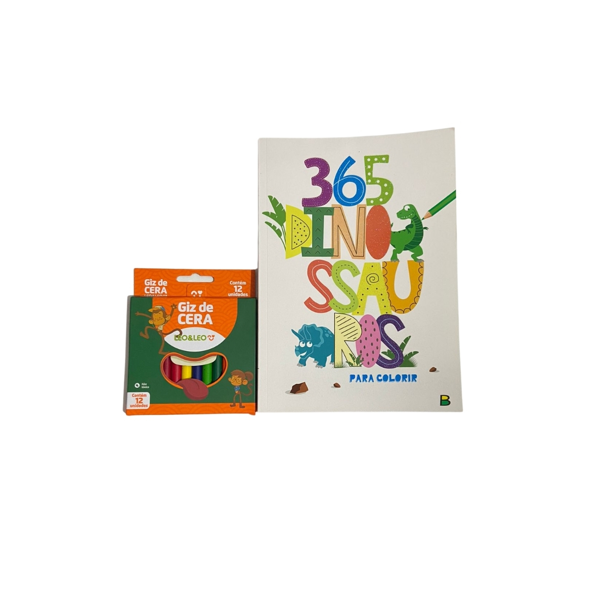 Kit livro de desenhos para colorir (365 dinossauros)+ caixa de giz Leo Leo com 12 cores