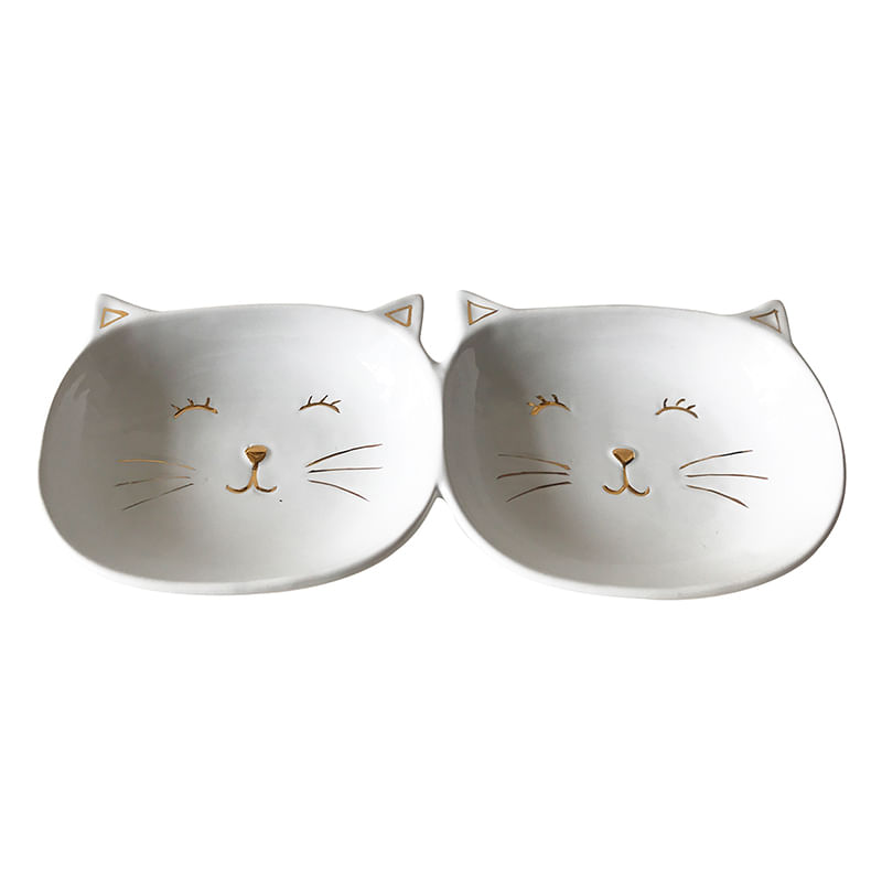 Petisqueira de Cerâmica 2 Gatos Branco e Dourado