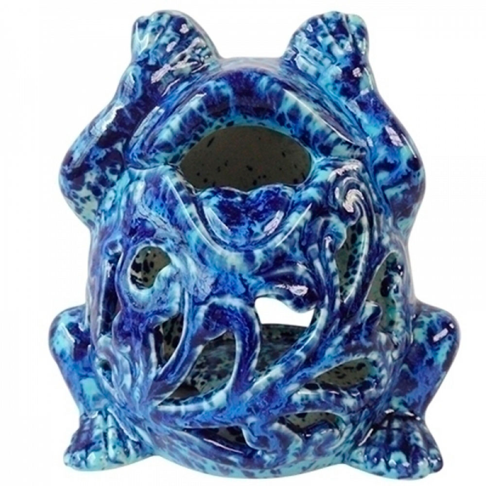 Lanterna De Sapo Em Cerâmica Azul - 16X12X15 Cm.