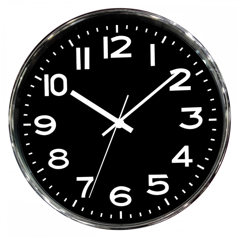 Relógio de Parede em Metal Cromado com Preto Números Grandes 25cm