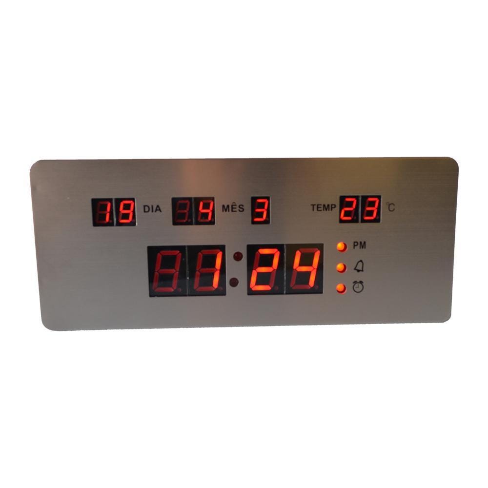 Relógio Led Parede / Mesa - Inox - Data, Termômetro e Alarme