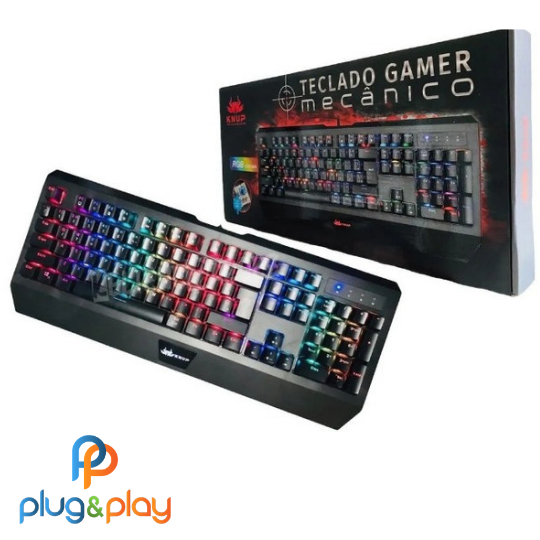 TECLADO USB GAMER MECANICO COM LED RGB CHROMA SWITCH AZUL PRETO KP-TM005