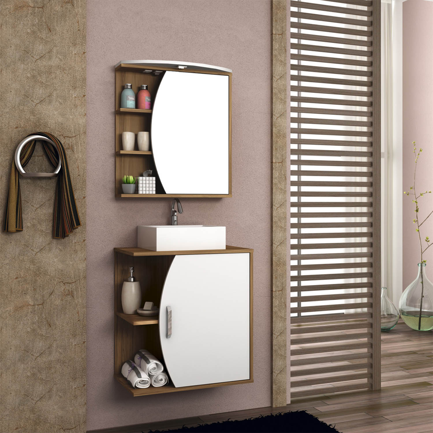 Gabinete para banheiro 01 porta, cuba e armário com LED Duna 60cm Móveis Bosi