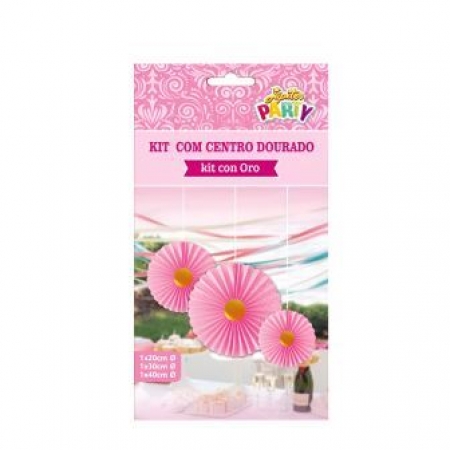 Kit Decorativo Rosa com Centro Dourado 3 Unidades - 1x20Cm/1x30Cm/1x40Cm