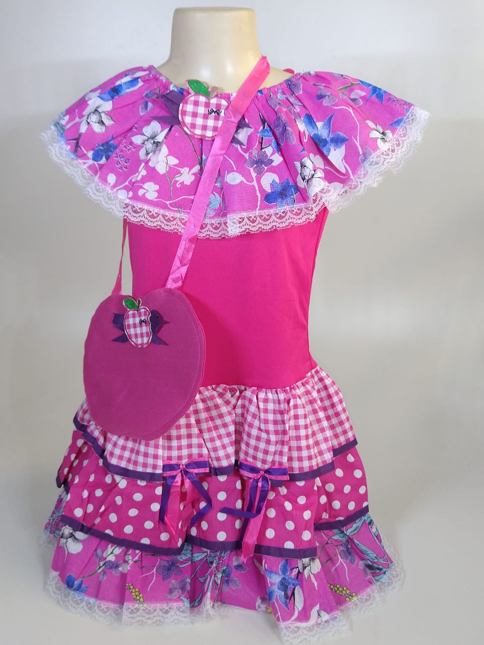 Vestido Caipira Infantil Flores Pink Tam. P