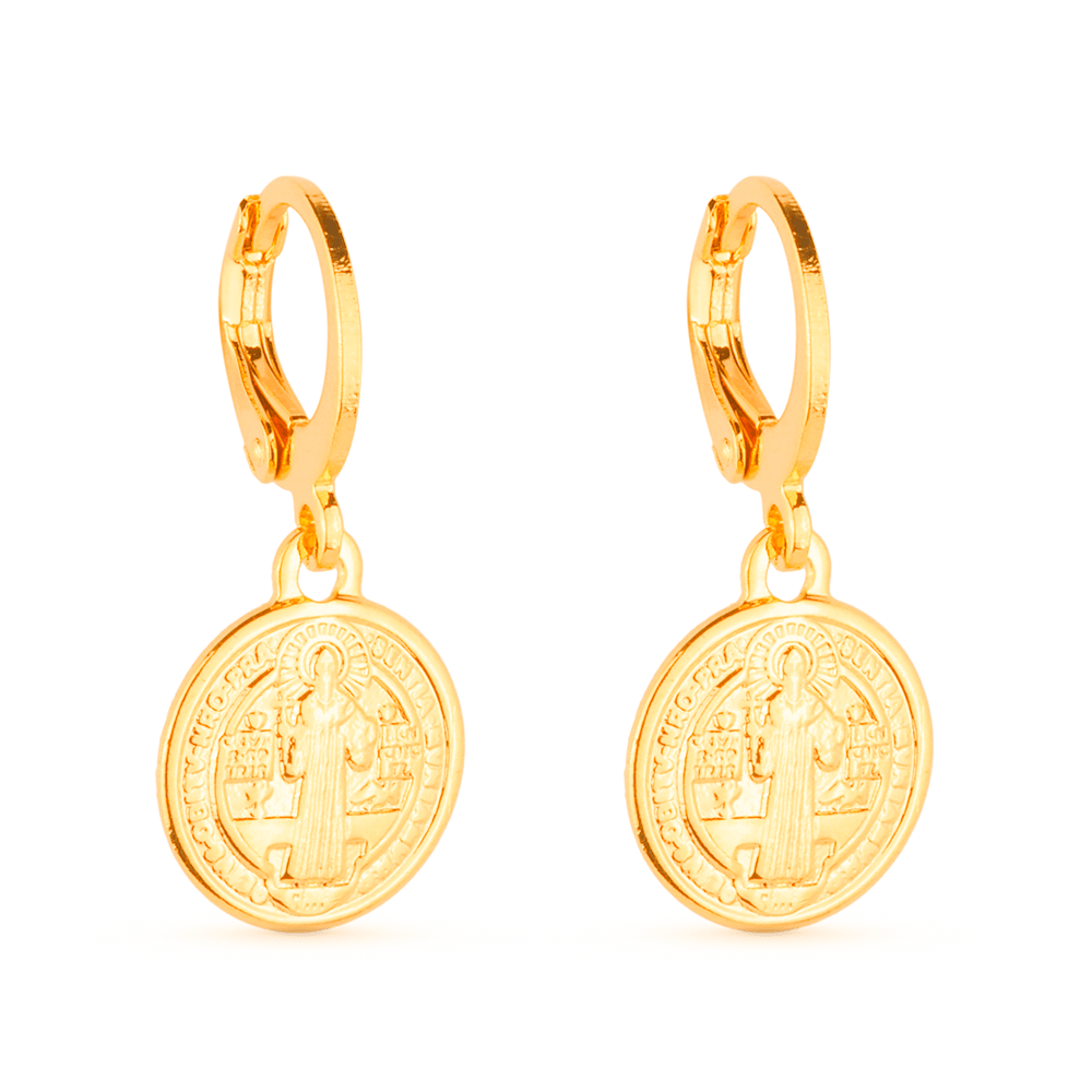 Brinco de Argolinha Dourado Com Medalha Religiosa Banhado a Ouro 18k