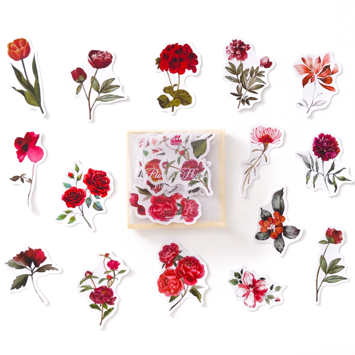 Caixinha de Adesivos Transparente Flores Vermelha - Imperfeita