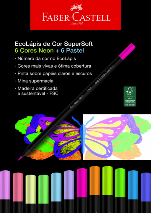 Lápis de Cor - Faber-Castell - EcoLápis Supersoft - 12 Cores Neon e Pastel