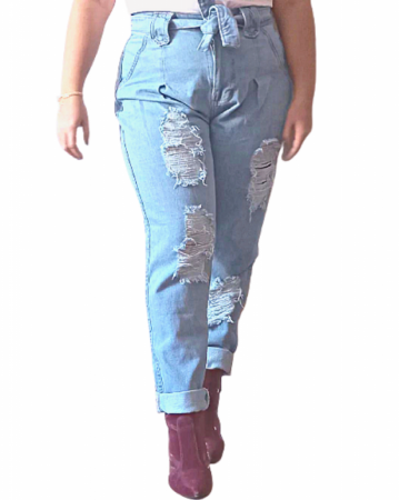 Calça jeans feminina clara slouchy destroyed 100% jeans