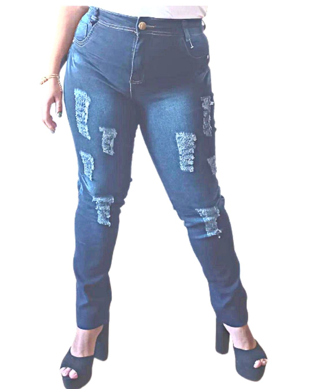 Calça jeans feminina destroyed escura cintura media