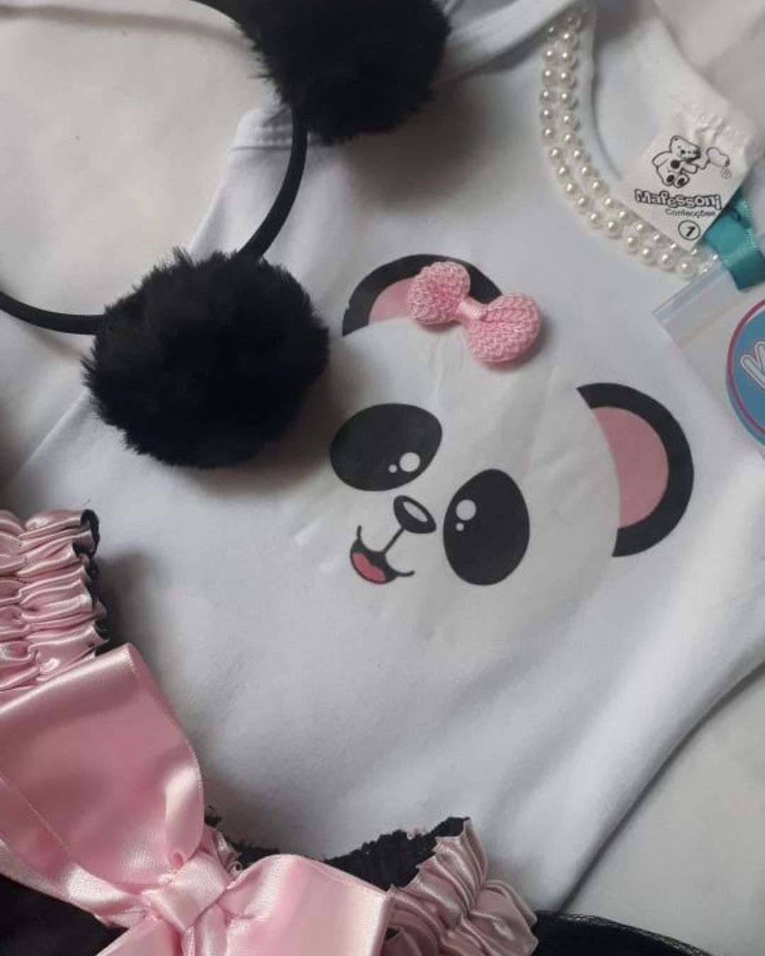 Fantasia panda - saia preta com laço rosa
