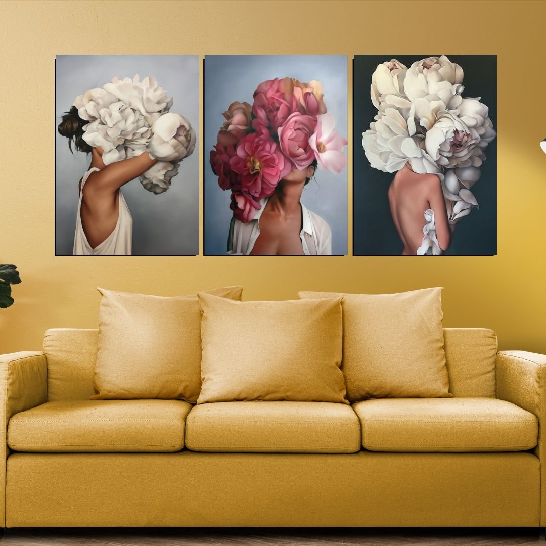 Quadros Decorativos 3 Telas - Mulheres Com Flores na Cabeça - 70x50cm