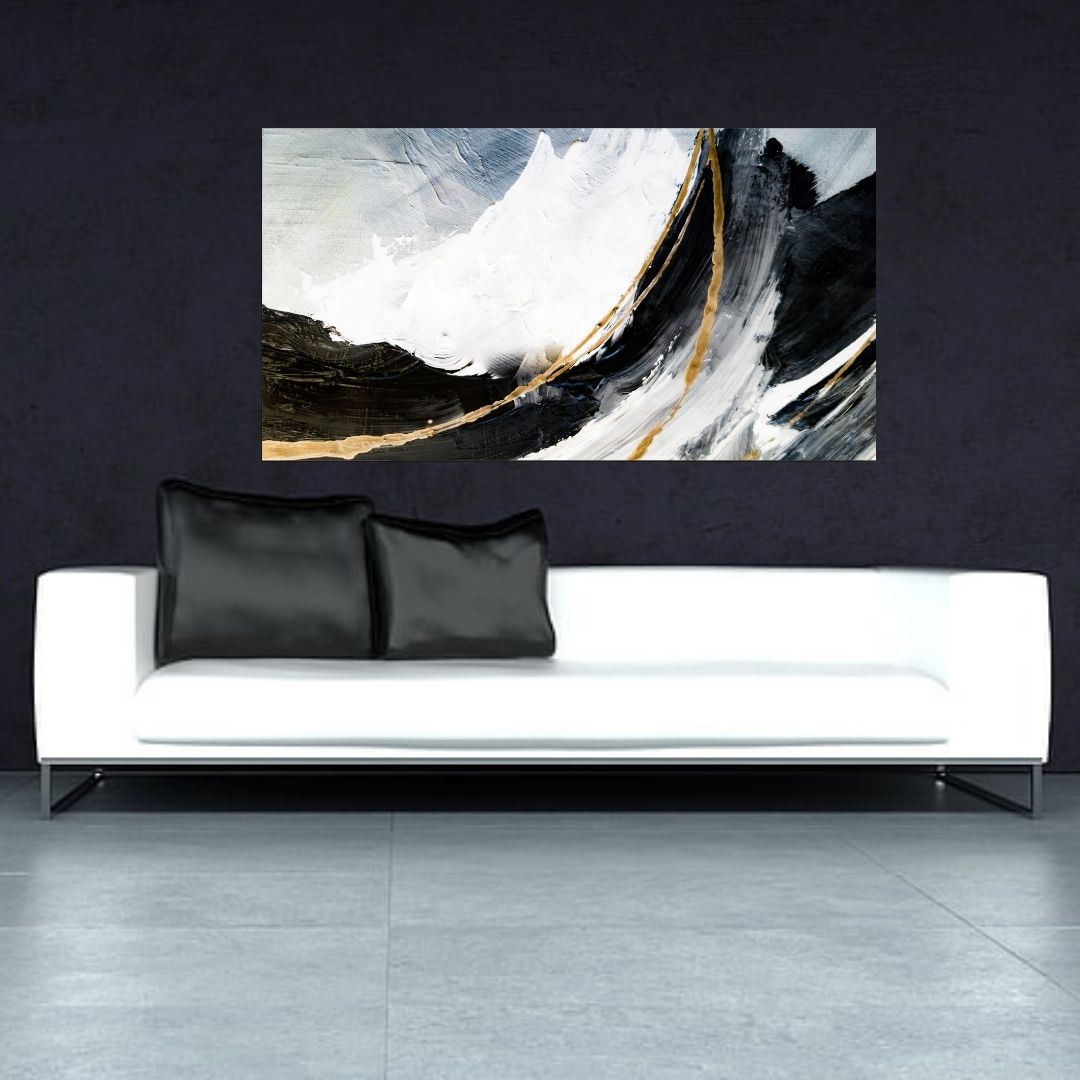 Quadro Decorativo - Abstrato Preto e Branco com Detalhes Dourados - 110x60cm