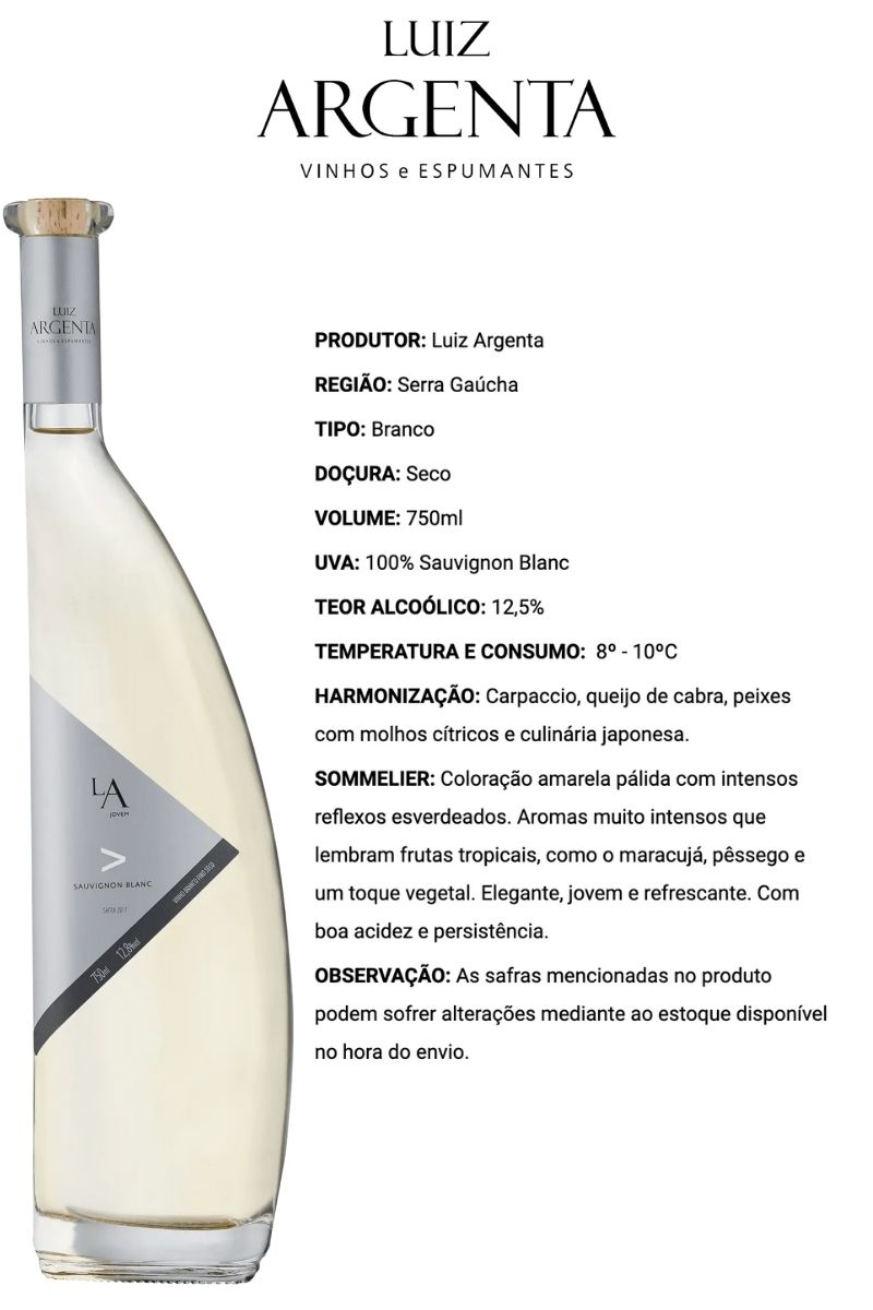 Vinho Brasileiro Luiz Argenta Branco Sauvignon Blanc L.A. Jovem  2021