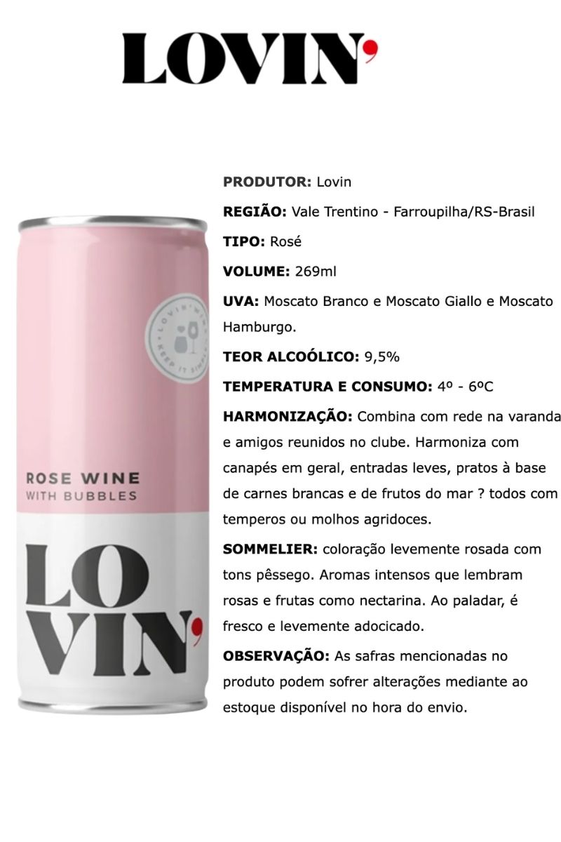 Vinho em Lata Brasileiro Lovin Espumante Rosé 269ml
