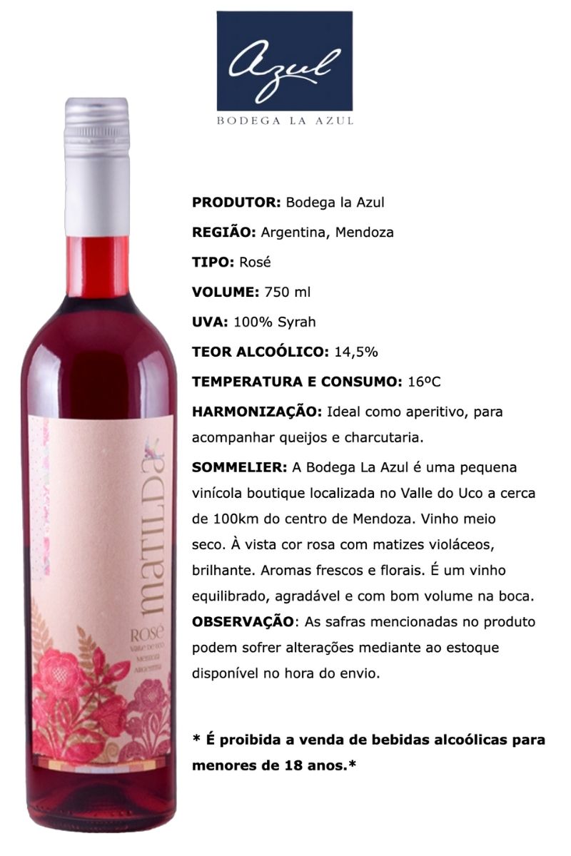 Vinho Rosé Argentino Bodega La Azul Grab Matilda Syrah Demi-Sec 2020