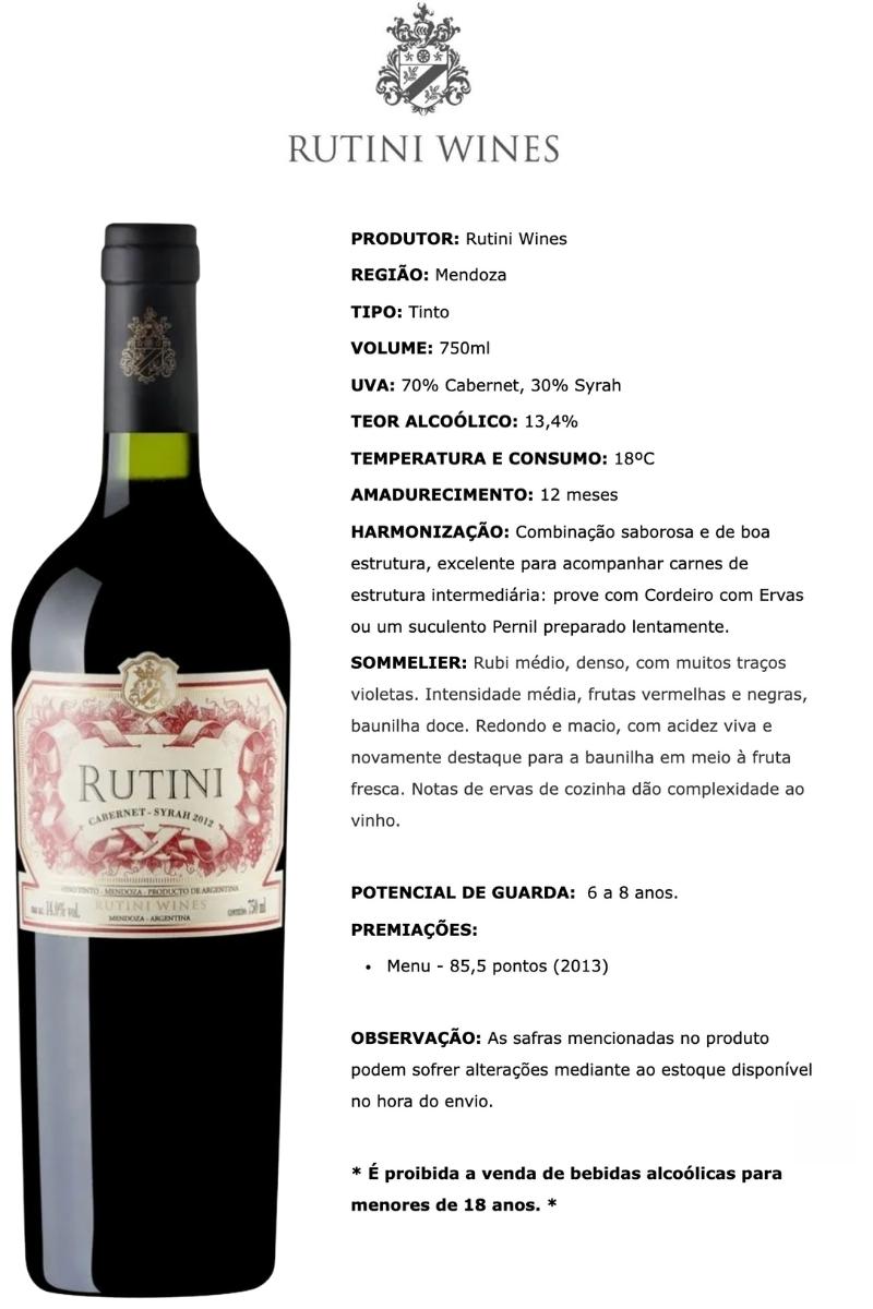 Vinho Tinto Argentino Rutini Cabernet-Syrah 2018