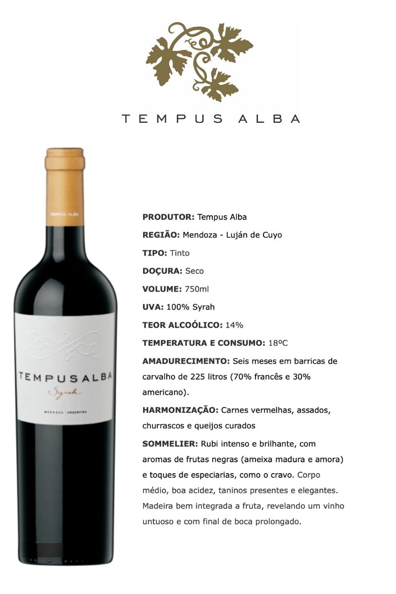 Vinho Tinto Argentino Tempus Alba Reserva Syrah 2016