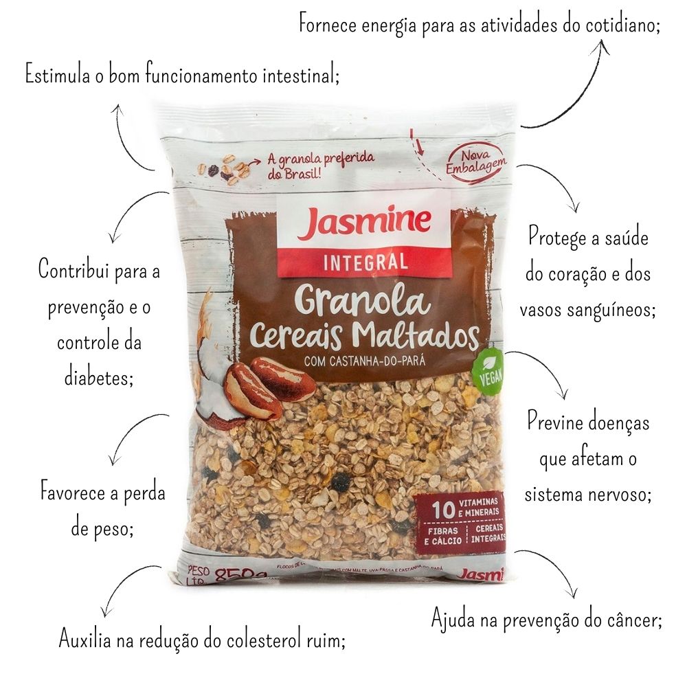 Kit 3 Granola Integral Cereais Maltados 850g Jasmine