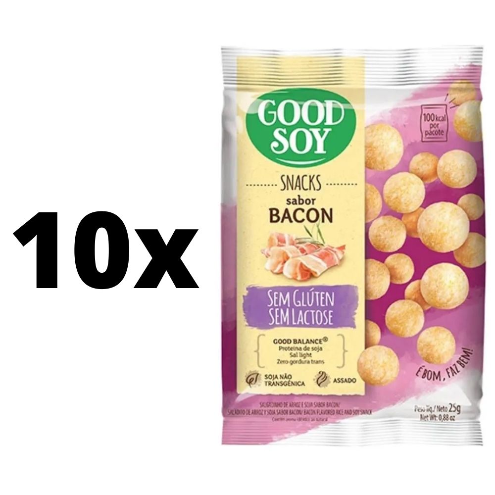 Kit com 10 unidades Salgadinhos Snacks Chips Light De Soja Bacon 25g Good Soy