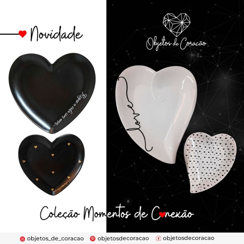 Prato formato coração cerâmica branca love preto mod. nó G - Cód. OC40602