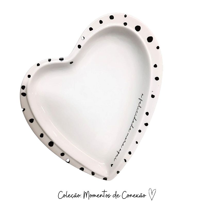 Prato formato coração de cerâmica branco design P  A Felicidade Mora aqui- Cód. OC407MC