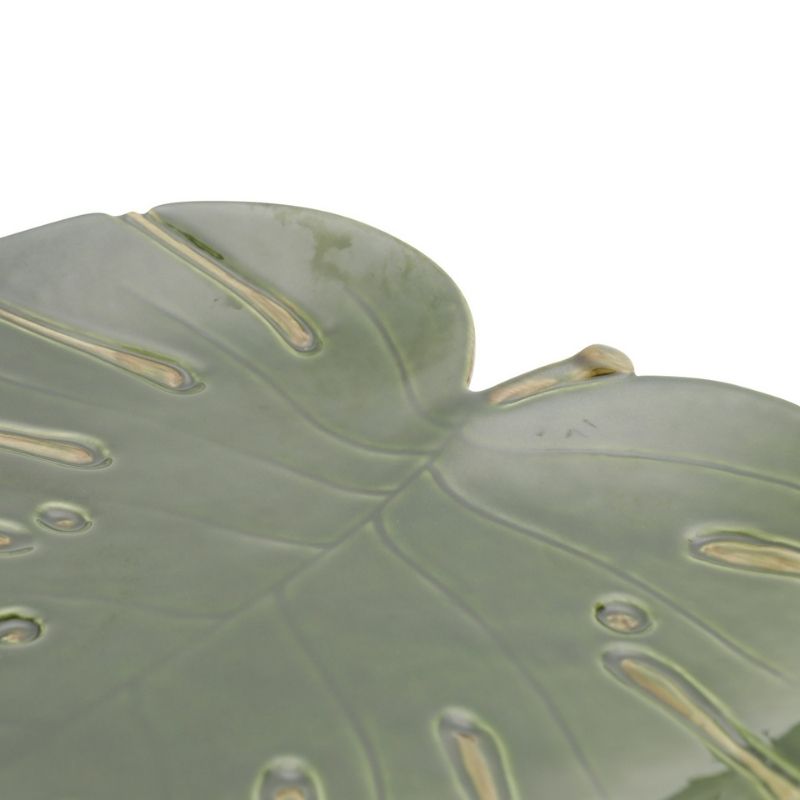 Prato travessa formato coração de cerâmica costela de Adão Leaf Verde G 28cmx26cmx3,5cm. Cód 4330