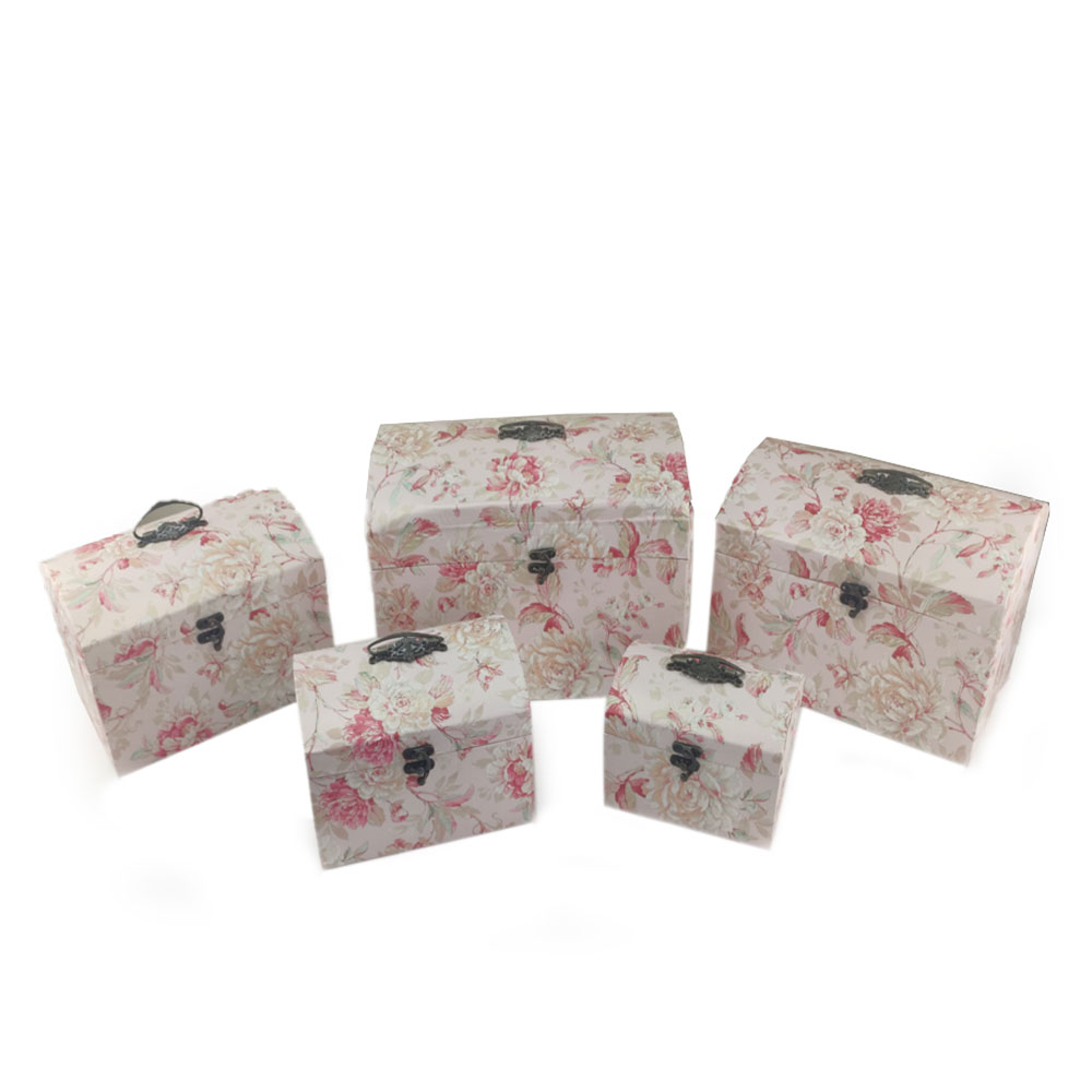 Caixa Bau Conjunto 5 pecas Rosa Floral Vintage Organizador Texturizado Porta Treco Guarda Joia