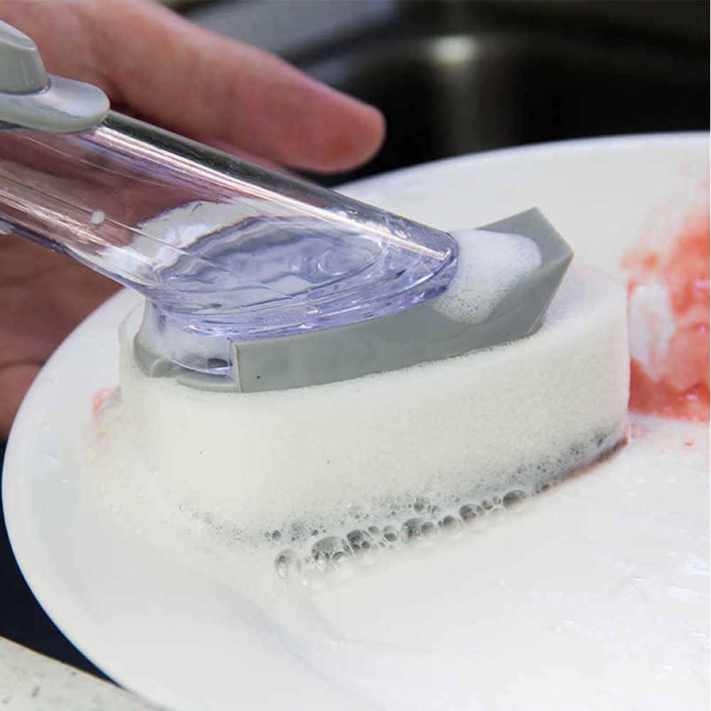 Escova de Limpeza 2 em 1 Dispenser Detergente Esponja Limpa Cozinha Louça