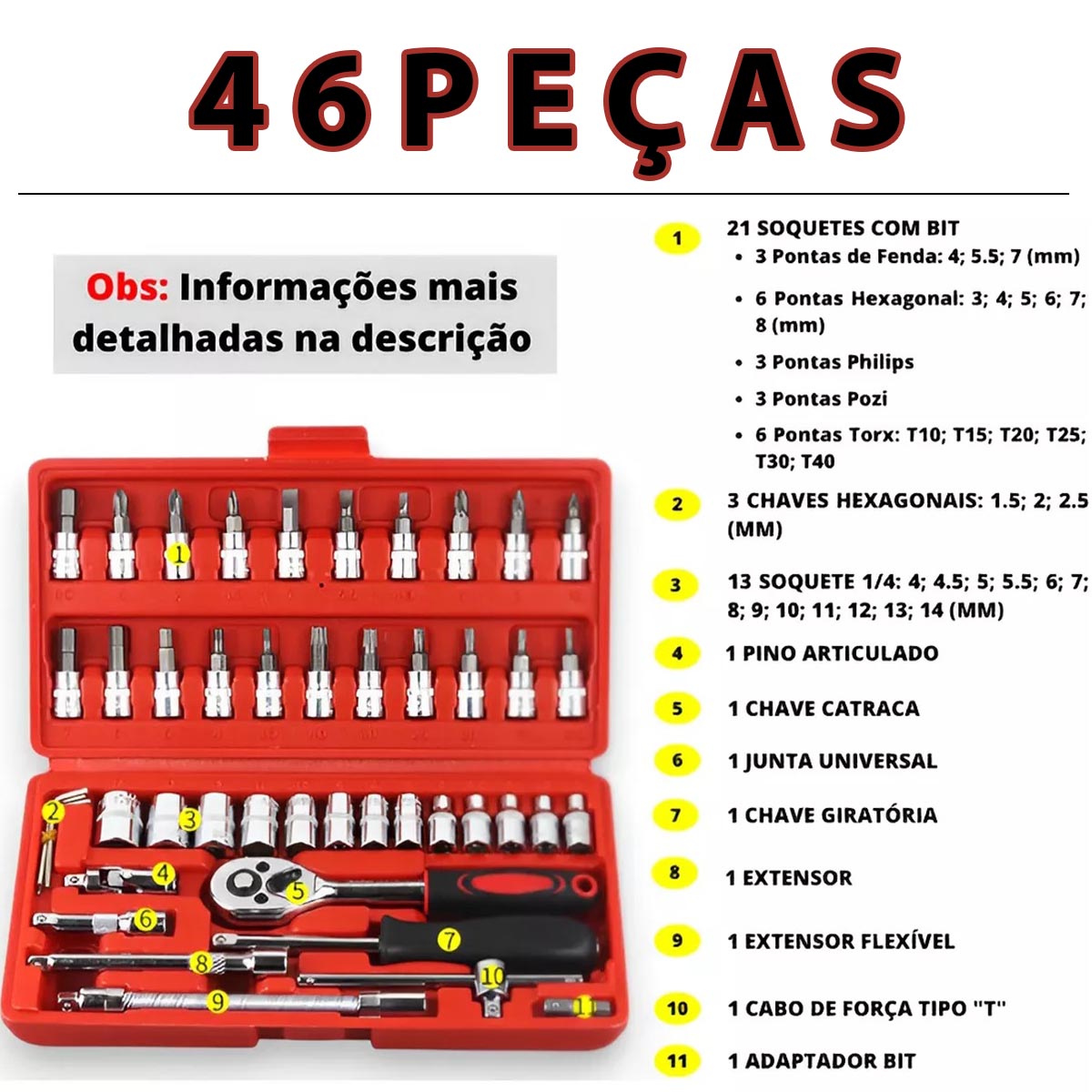 Jogo de Ferramentas Chaves Kit 46 Peças Catraca Soquete Bits Manual Encaixe Maleta Portatil Oficina Manutençao Diy Presente Pai Multiuso