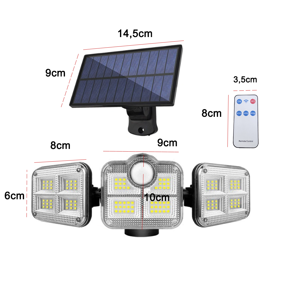 Luminaria Solar Led Refletor 3 Cabeças Sensor Presença Articulavel 3 Modos Potente Placa Solar Jardim Casa Rua Externo Garagem Parede