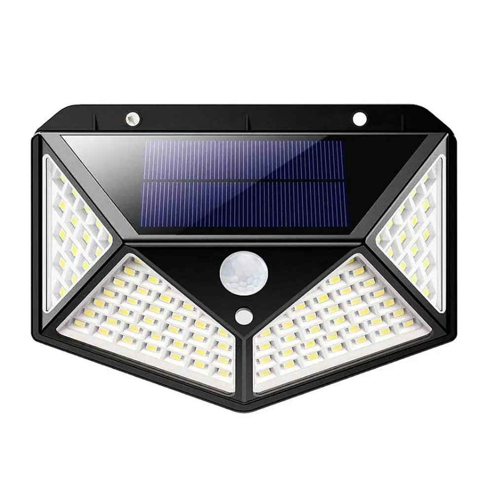 Luminaria Solar Sensor de Movimento Kit 3 Uni Branco Frio Presença Parede 100 LED 3 Funçoes Lampada Prova d'Agua Iluminaçao Segurança