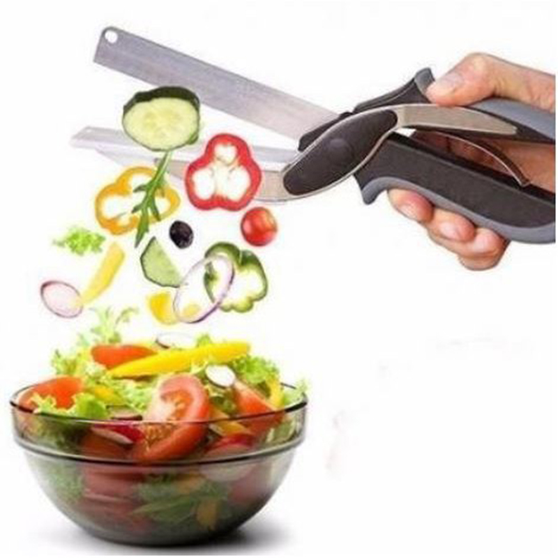 tesoura cortar legumes verduras tabua de corte picar fatiar 2 em 1 frutas clever cutter